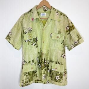 Vintage Surf Line Hawaii 70’s Button Up Shirt Men’s Large Green Floral Pockets